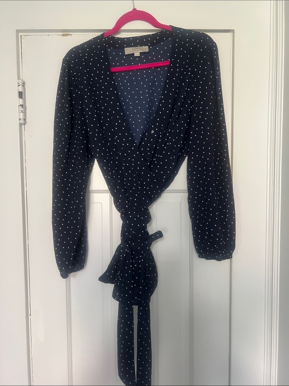 LOFT Plus Navy White Polka Dot Wrap Peplum Blouse Balloon Sleeve Tie Waist